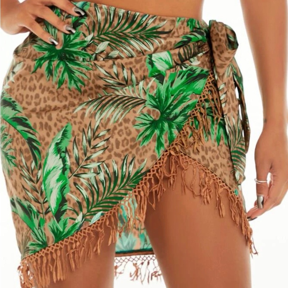 Leopard & tropical print tie skirt fringe trim wrap NEW UNOPENED - Picture 3 of 6